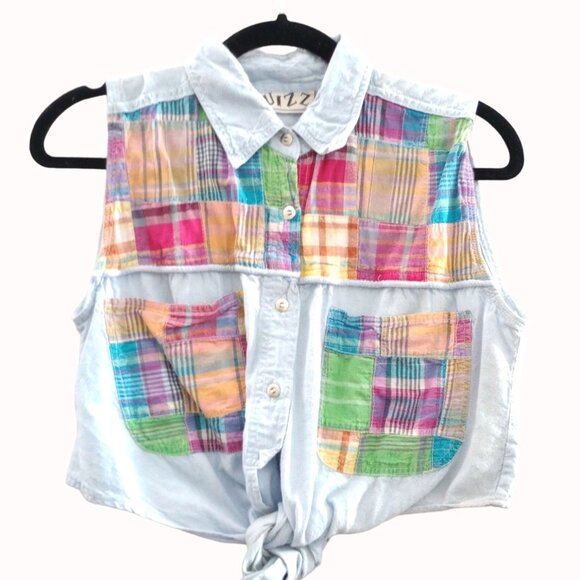 Vintage 80s Button Sleeveless Chambray Madras Patchwork Plaid Blouse Crop Top M - Picture 1 of 3